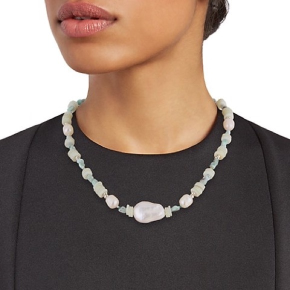 DANNIJO Riviera Freshwater Pearl, Heishi, & Larimar Beaded Necklace NWT - Picture 4 of 14